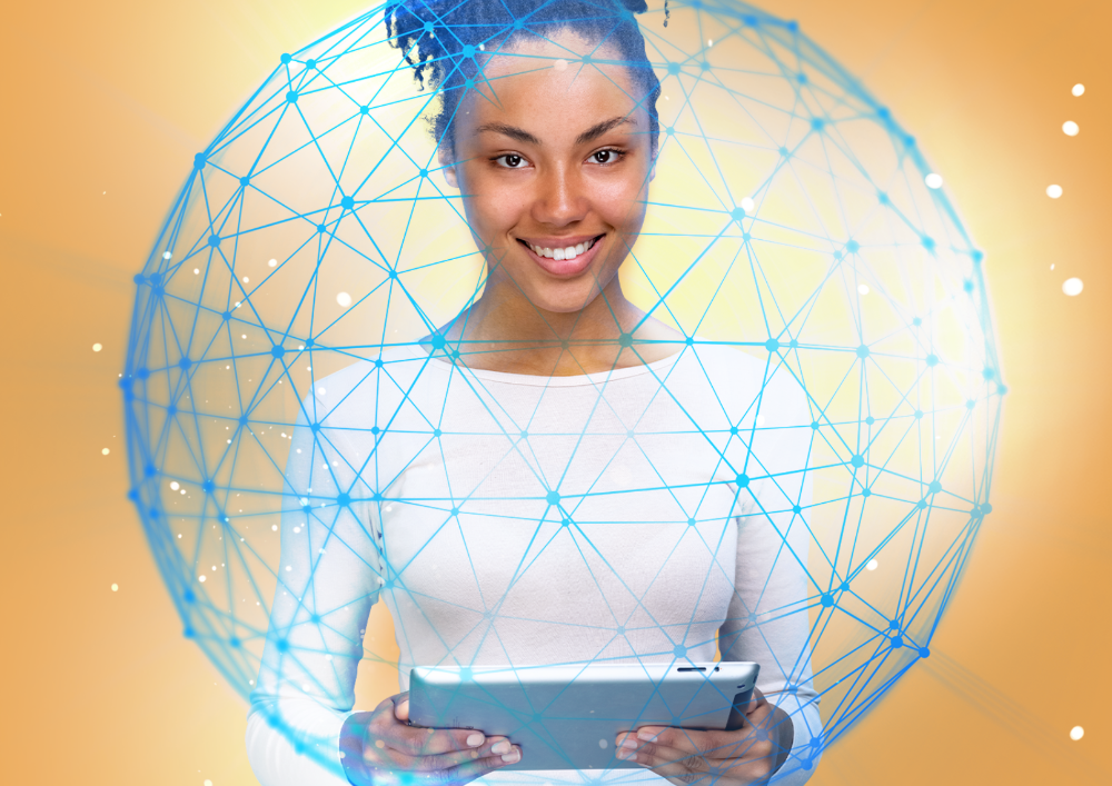 A woman in a white dress holding a tablet