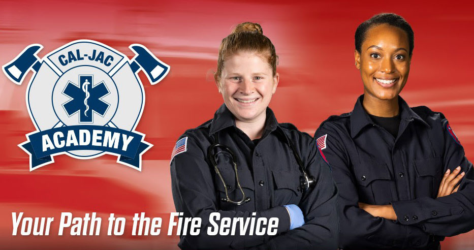 Two women in navy blue EMT uniforms in front of a red background and next to a Cal Jac logo