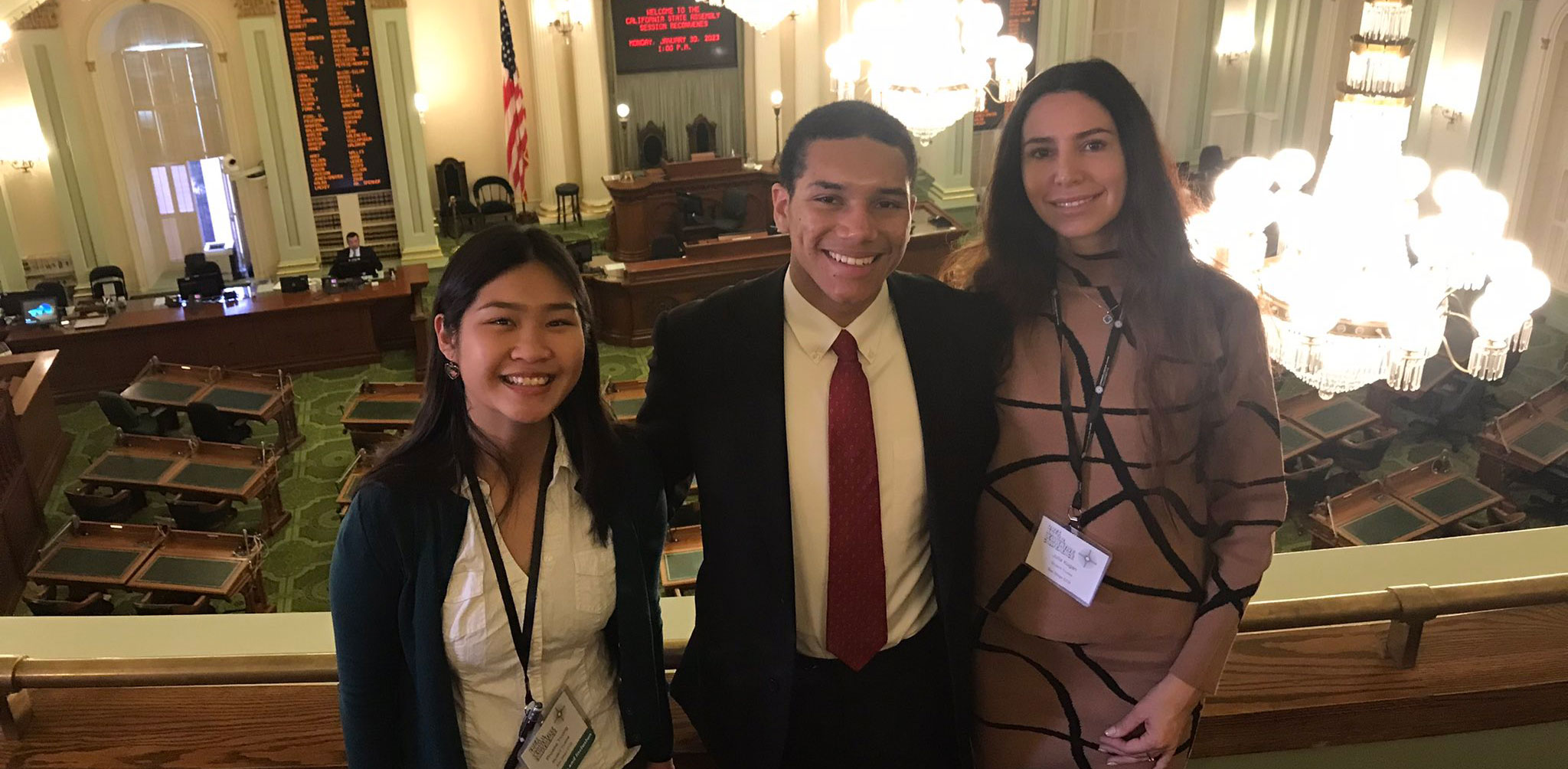 From left, former student trustees Phoebe Truong, Diego Bethea, and Julia Kogan in Sacramento.