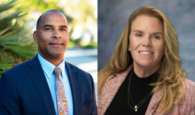 Two side by side head shots. John Parker left is wearing a blue suit and paisley tie. Susan Topham right is wearing a pink blazer and a black shirt