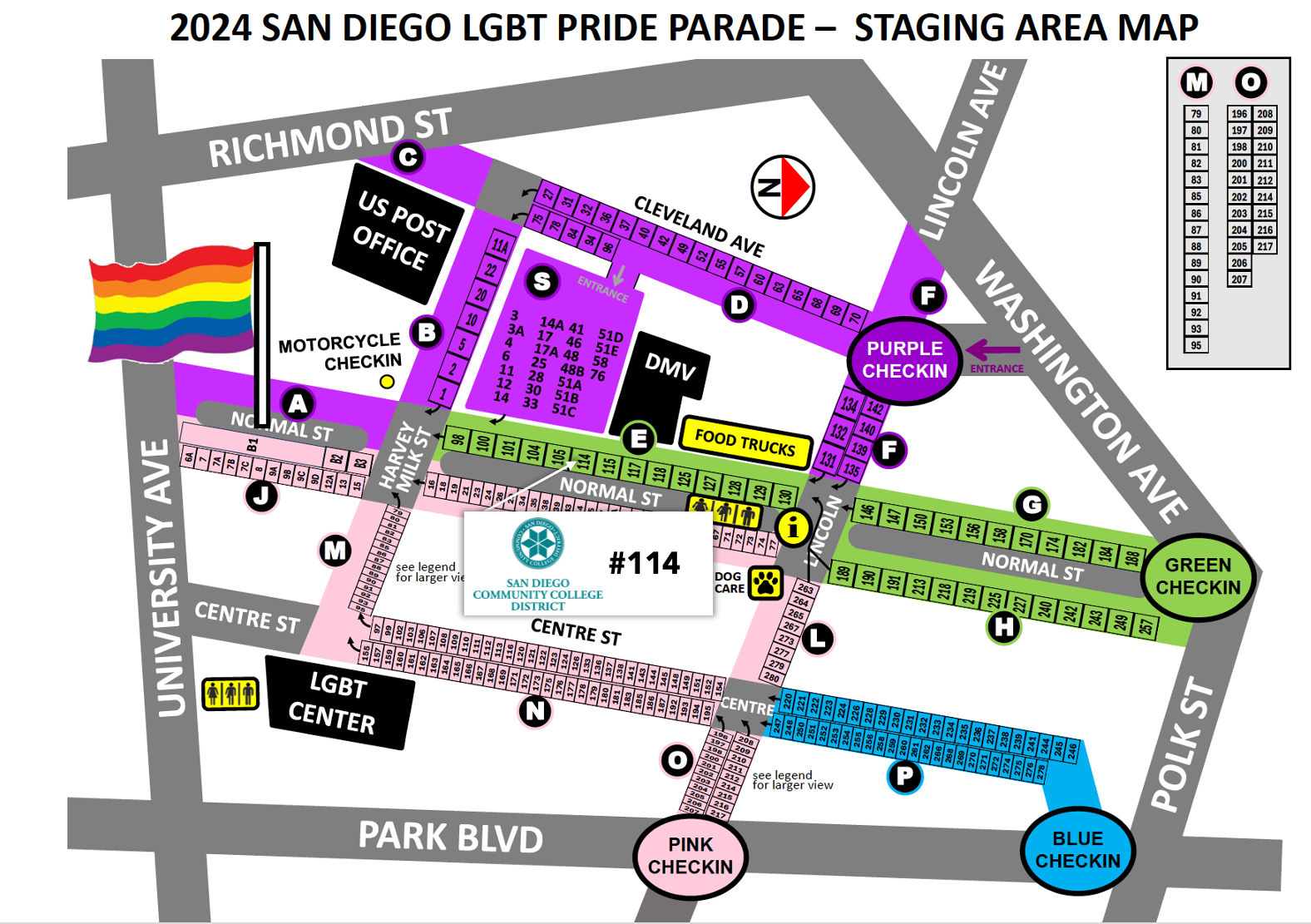 A map of the parade area that shows the SDCCD group meeting on Normal Street between Lincoln Avenue and Harvey Milk Street