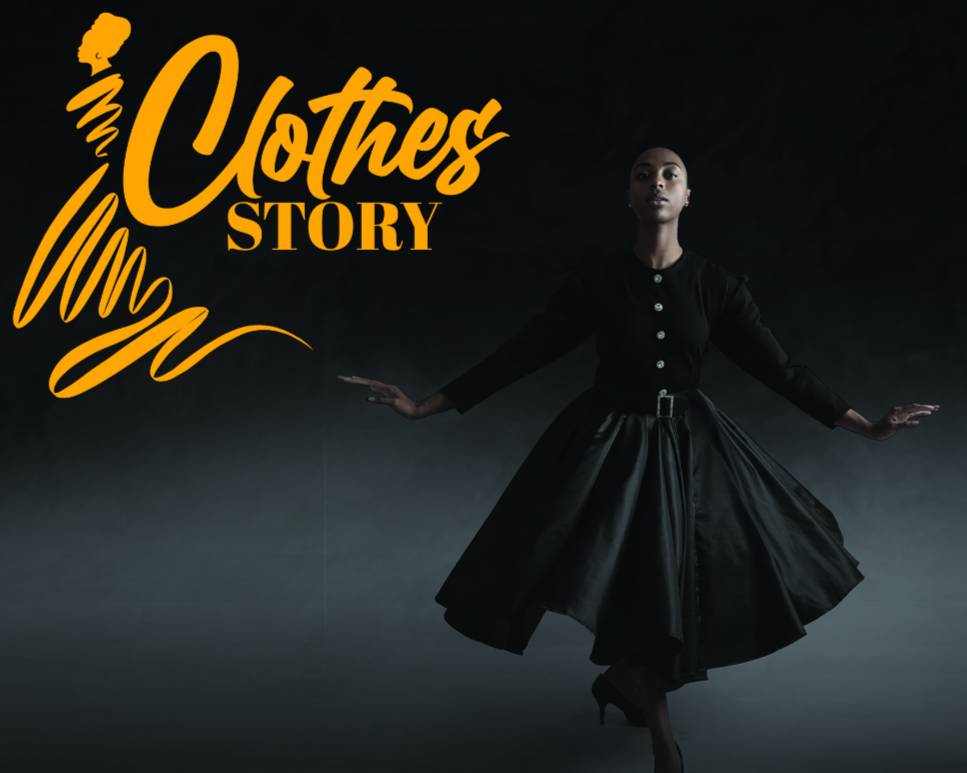 A woman in a black blouse and skirt. Text reads clothes story