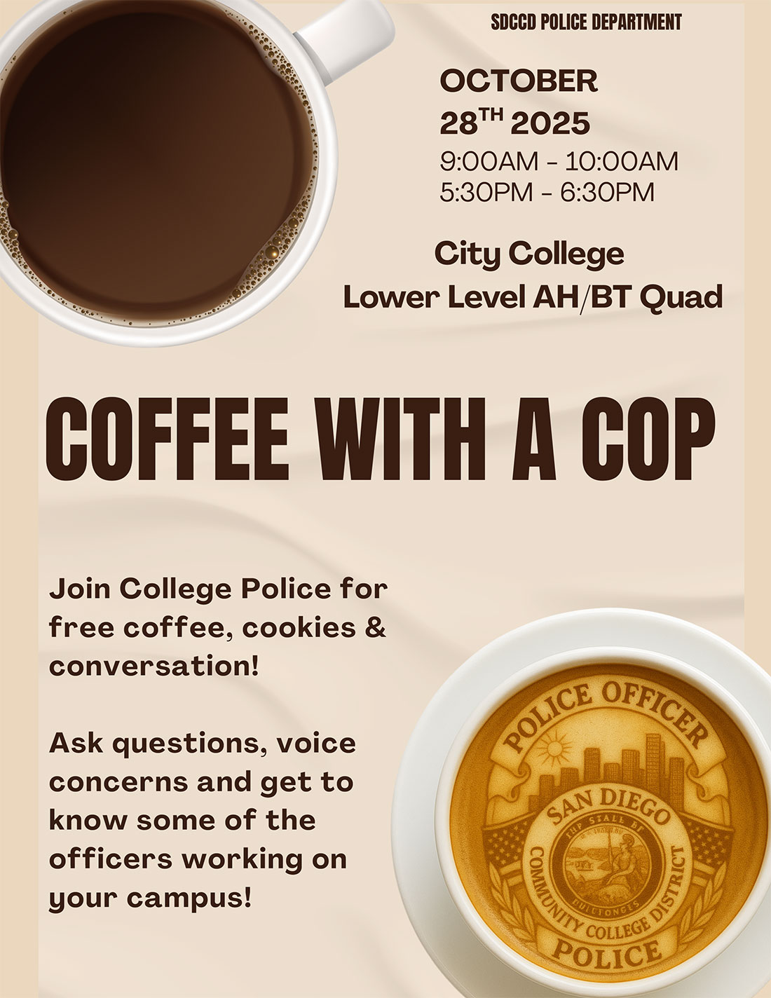Cup of Coffee text reads coffee with a cop October 25 City College