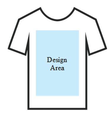An outline of a t shirt in the middle of the shirt there is a blue box indicating the design space