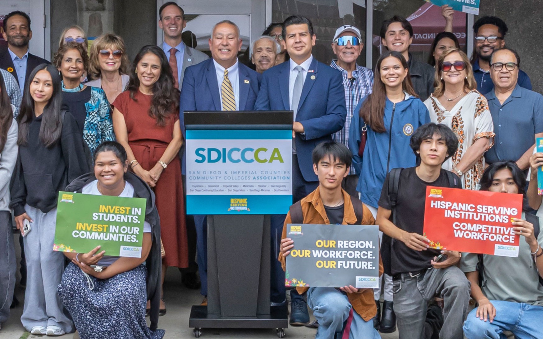 Education leaders, legislators, business leaders and students at a press conference