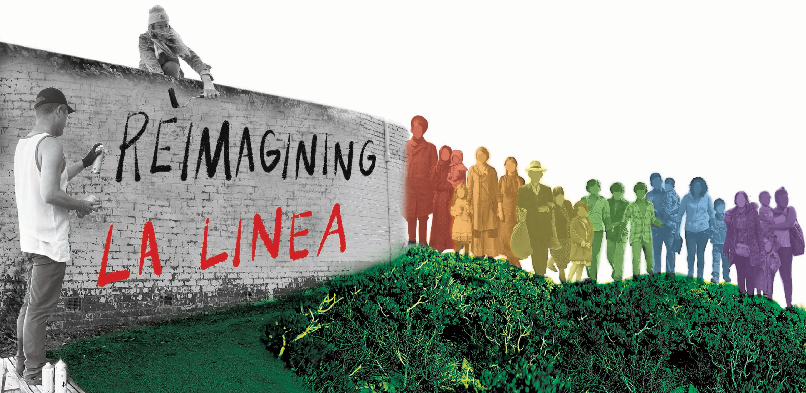 Two people painting on a wall that says Reimagining La Linea a line of people in rainbow colors is next to the wall.