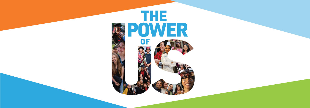 orange green and blue logo that says the power of us. Small photos of students and employees are in the letters for us.