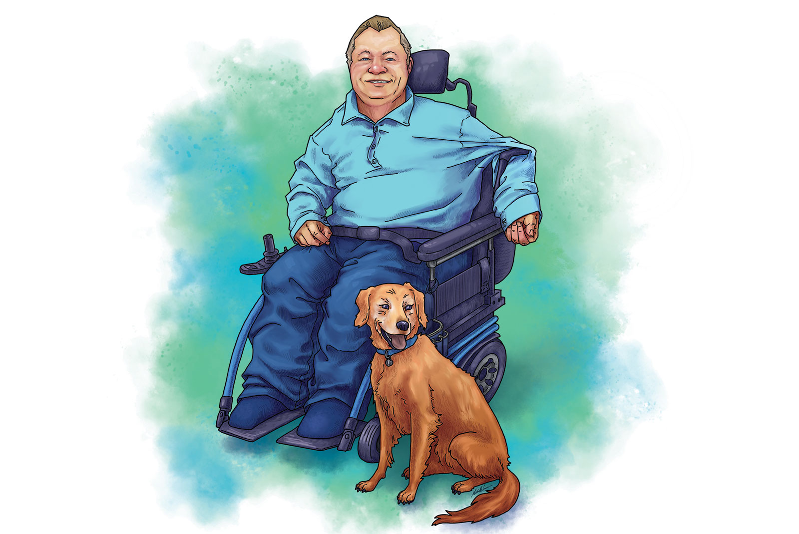 An illustration of Rusty Krumm with his golden retriever support dog.