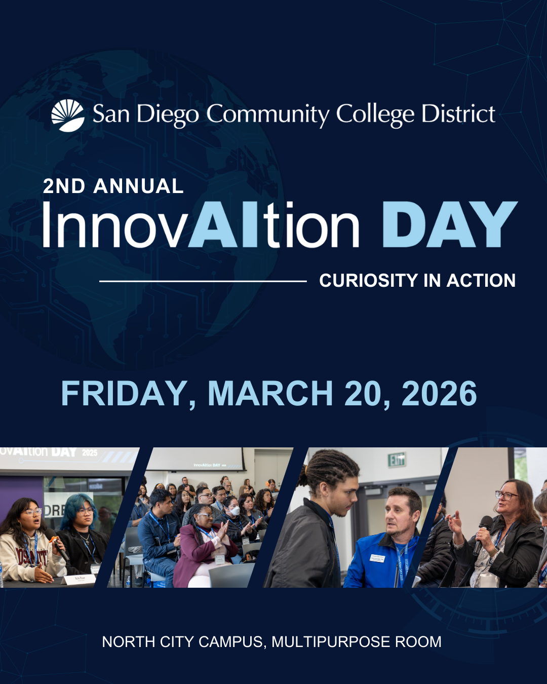 Flyer of the event gives date for the event and four photos of staff and students at a previous AI Day. 