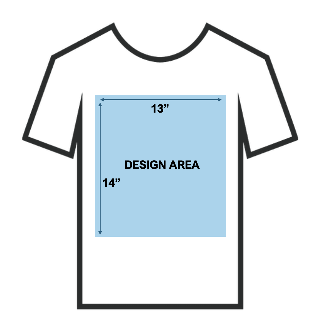 A tee shirt with a blue box in the middle with dimensions of 13 inches across and 14 inches down indicating the design space