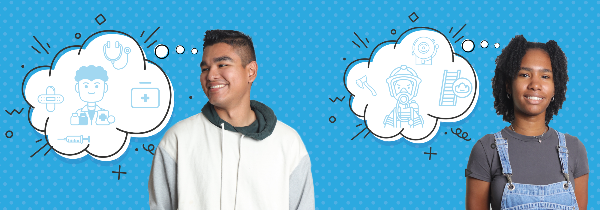 Two students with cartoon image clouds next to their heads. Each picturing their future careers a doctor and a firefighter