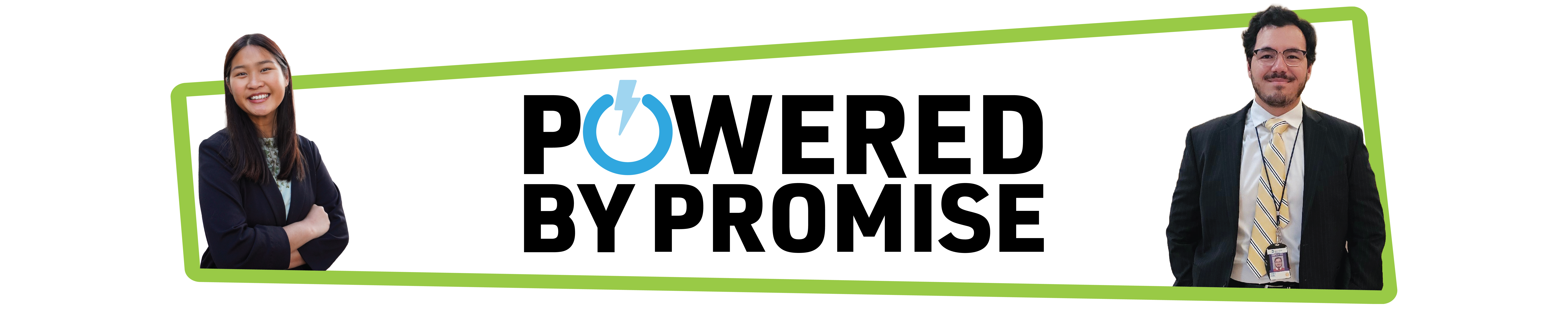 banner with two students in business attire. Text reads Powered by Promise