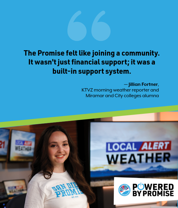 Former Promise student Jillian Fortner wears a white and blue promise tee shirt.