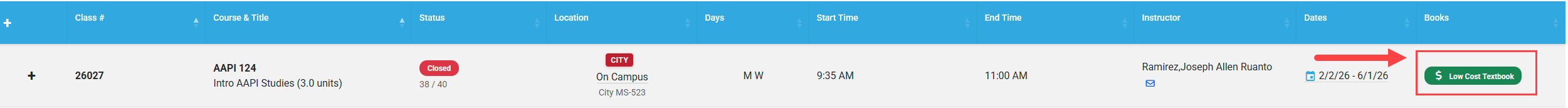 The SDCCD Class search with the Low Cost Textbook section highlighted