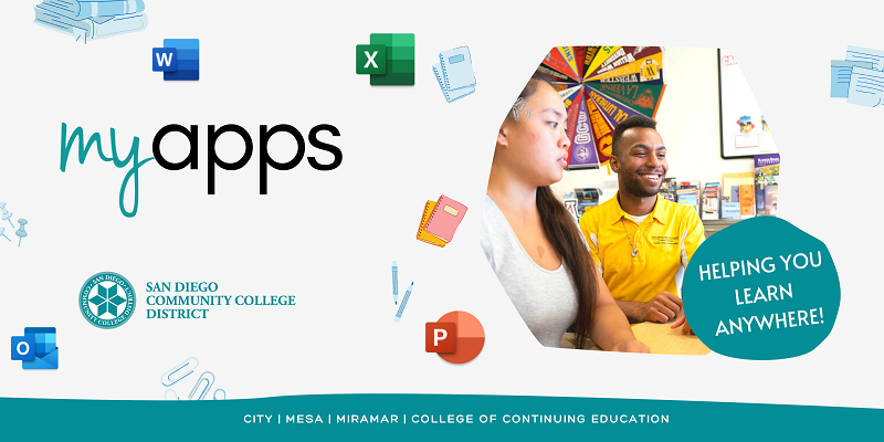 A banner indicating all the Microsoft office tools available to students at the SDCCD