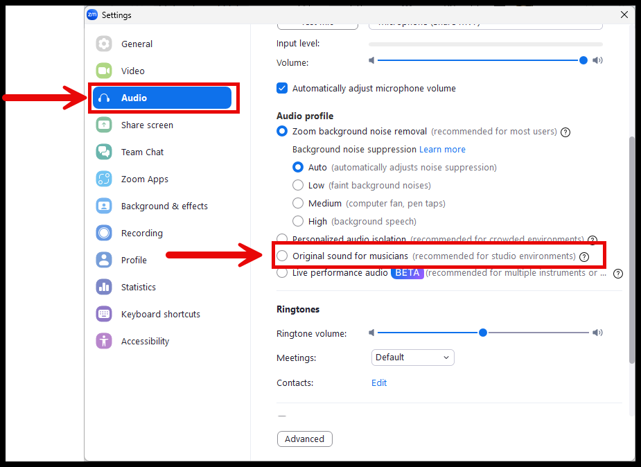 A screenshot of the Zoom audio settings page.