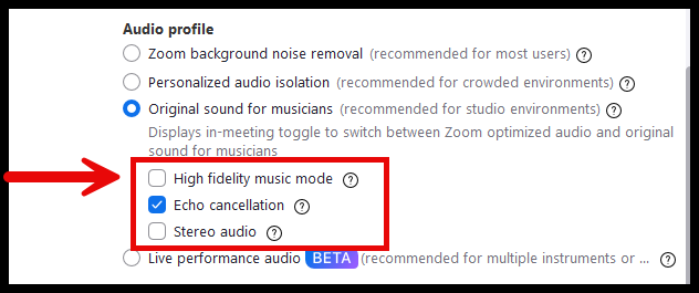 A screenshot pointing to the various audio settings for the Original Sound for Musicans Audio Profile.