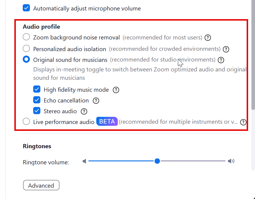 A screenshot of the Zoom Audio Profiles