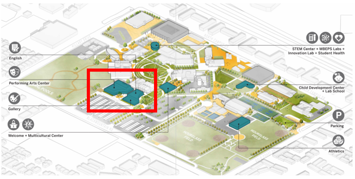 Map of Miramar College with the site of the performing arts center highlighted