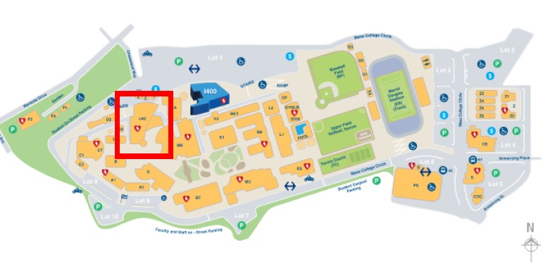 Overhead map of Mesa College LRC building highlighted with Elevator update location
