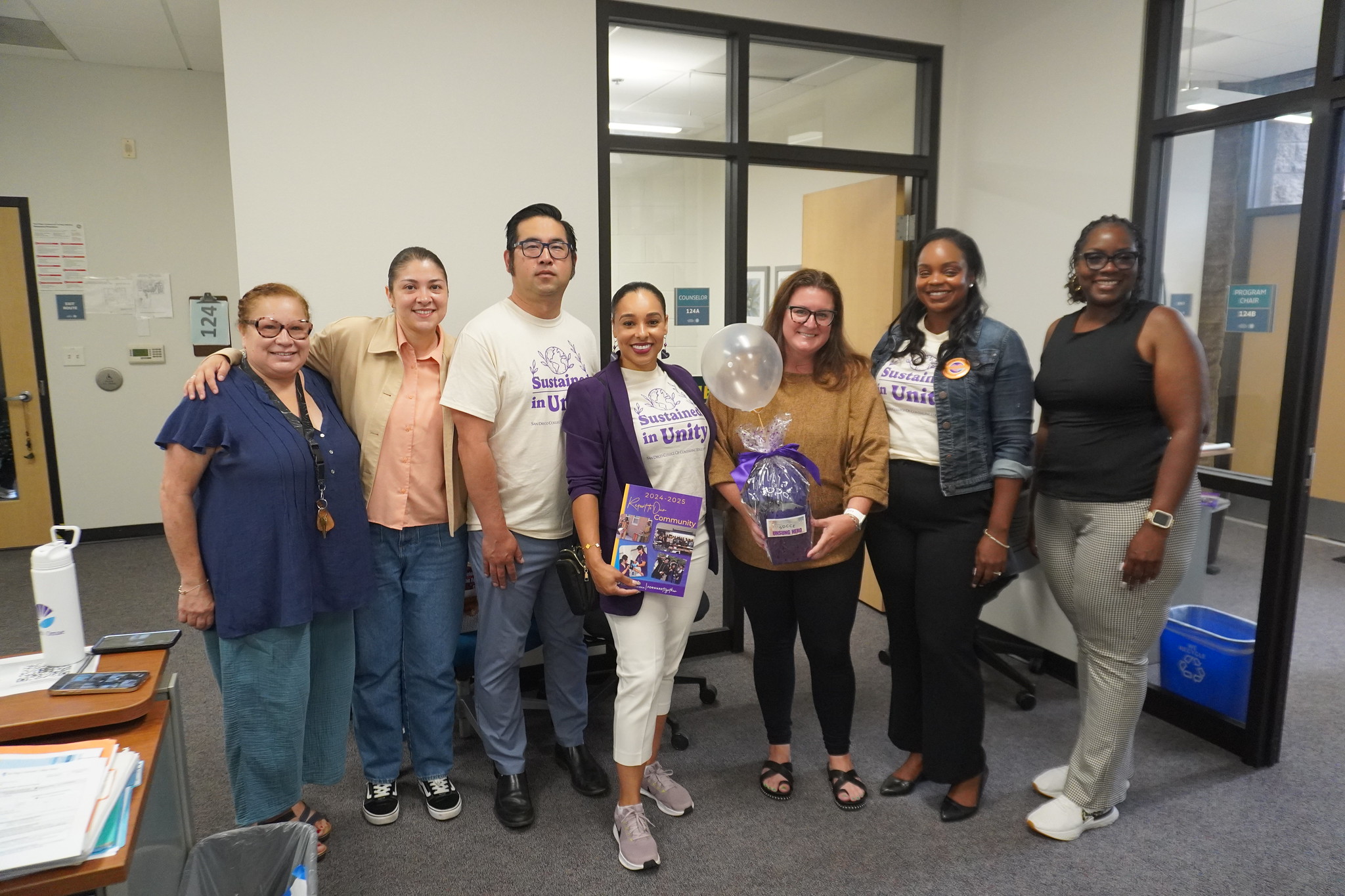 
President Tina King visits with six employees on campus.
