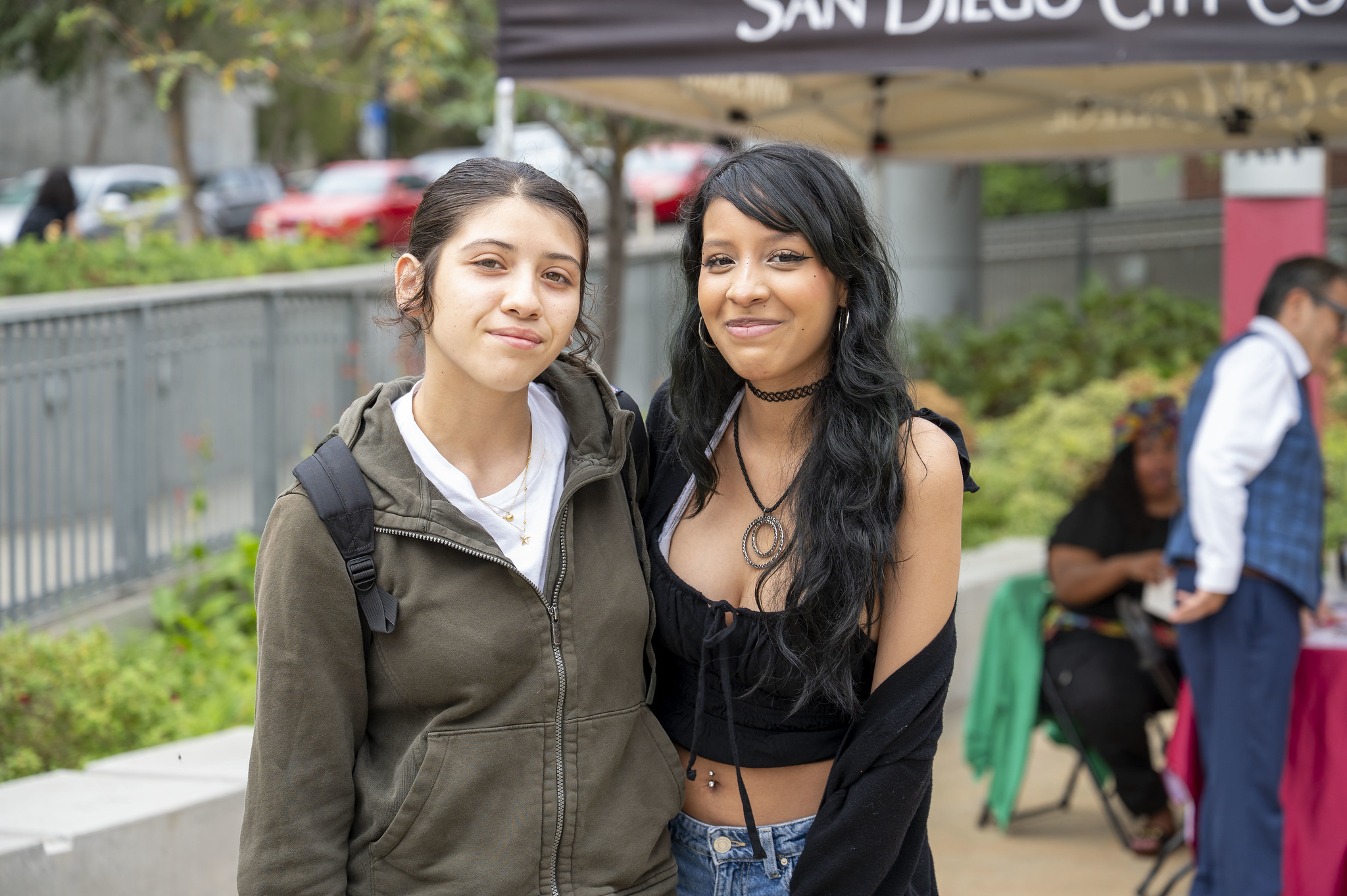 
Two students near a welcome tent during the first week of the semester.
