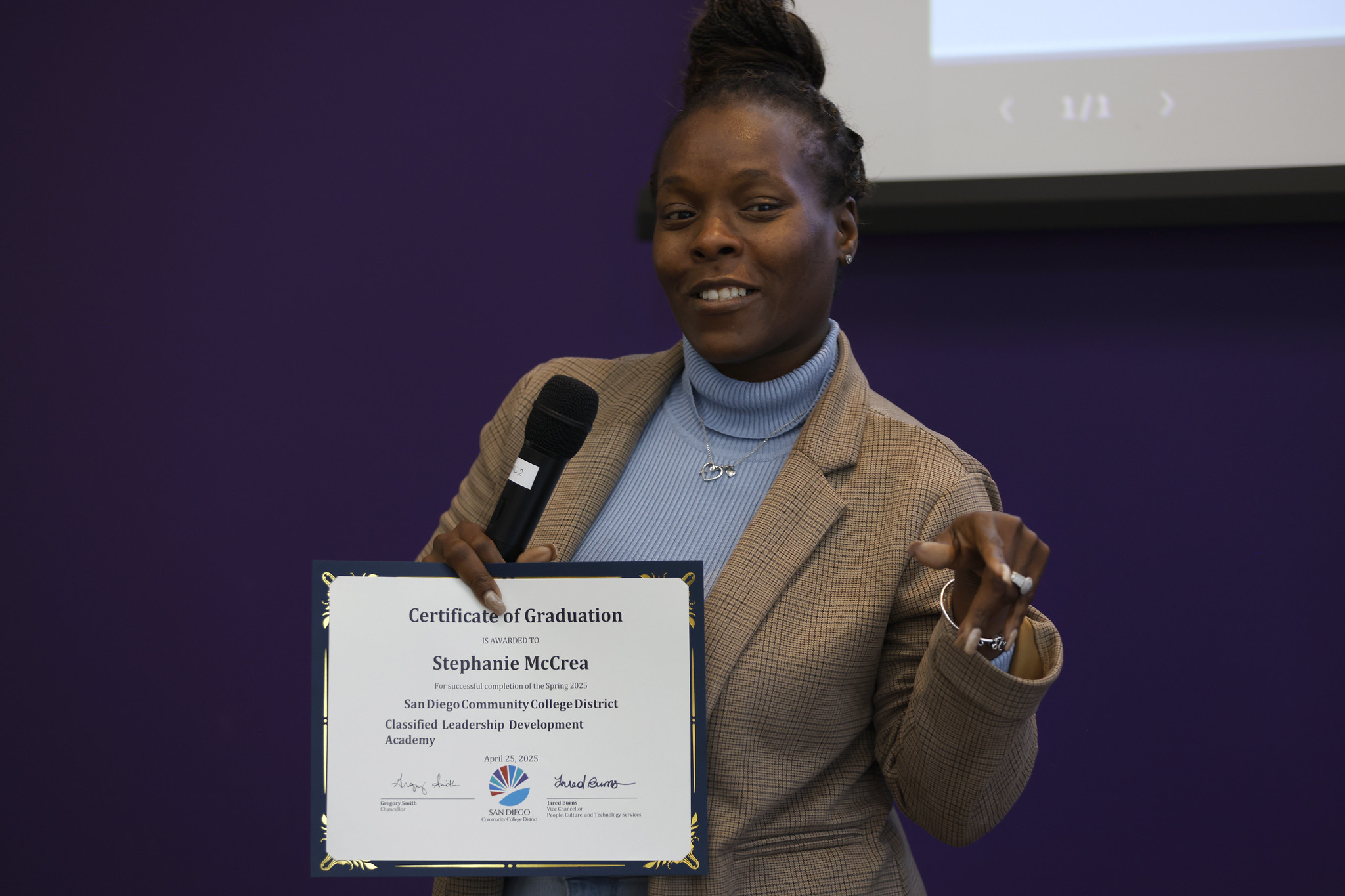 
Stephanie McCrea speaks after receiving her certificate.
