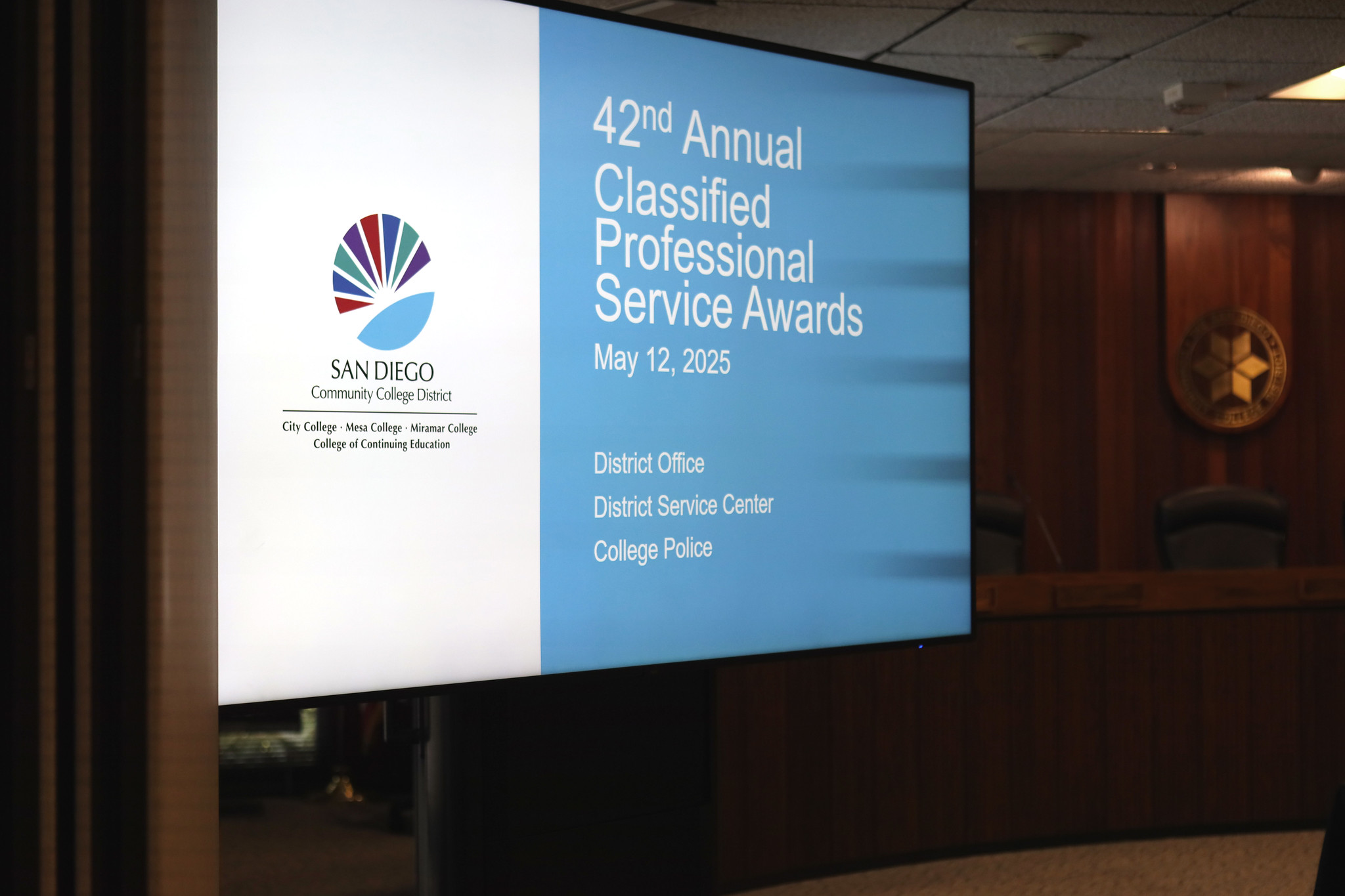 
A slide with the district logo. Text reads 42nd annual Classified Professional Service Awards.
