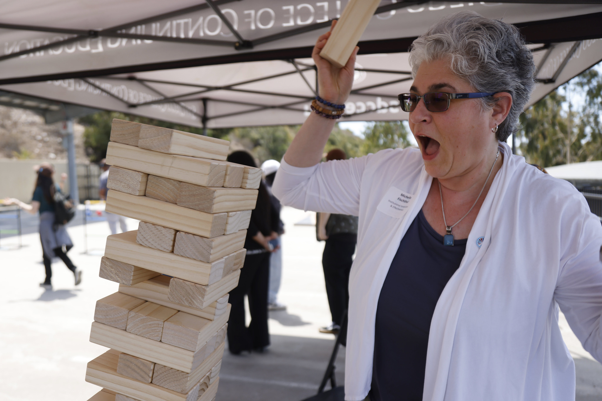 
Vice Chancellor Michelle Fischthal's Jenga falls.

