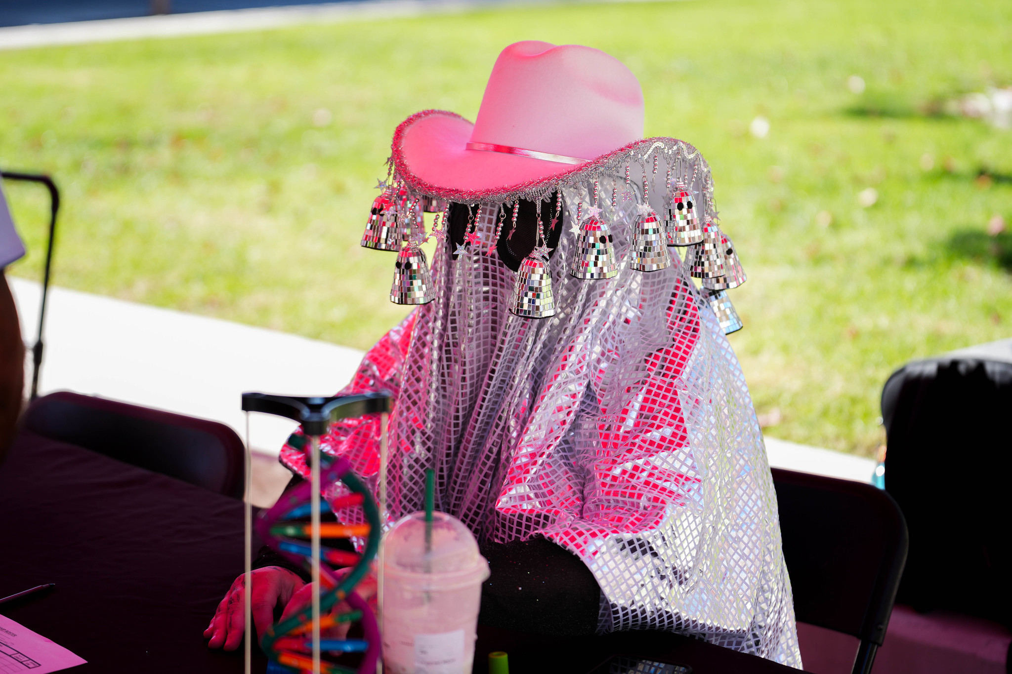 
A person wearing a silver shroud and a pink cowboy hat.&nbsp;
