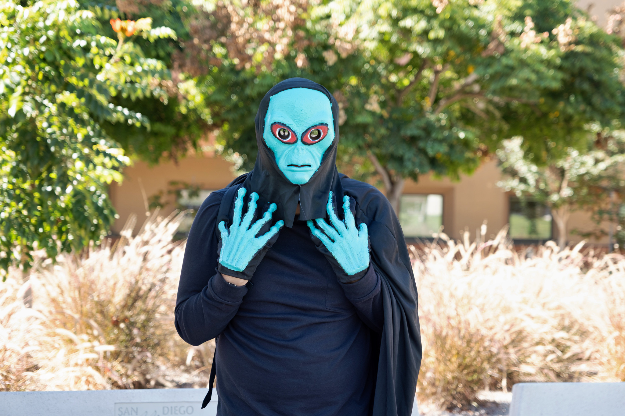 
A turquoise alien in a black robe.
