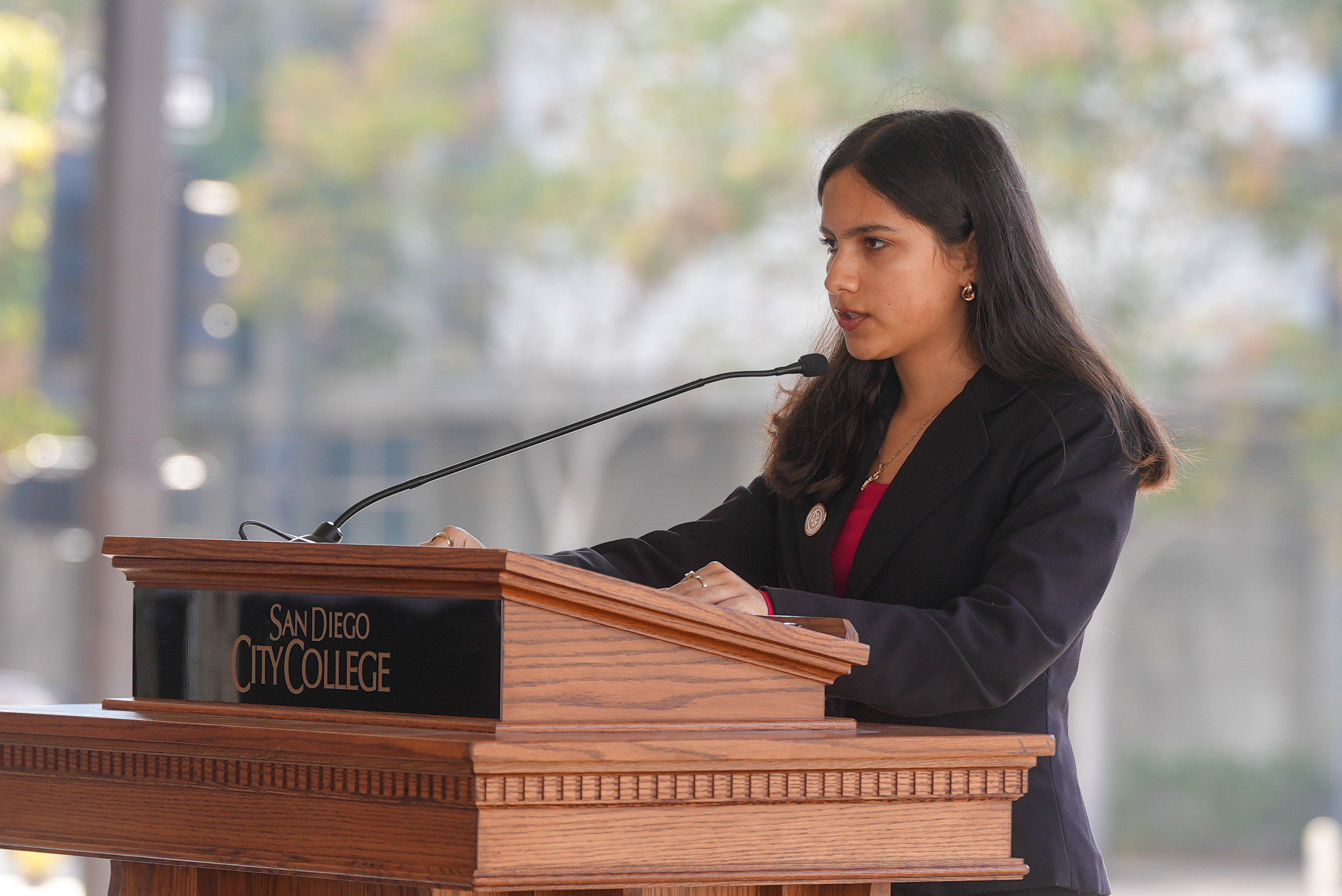 
Student trustee and City College ASB President Celina Martinez addresses the crowd.
