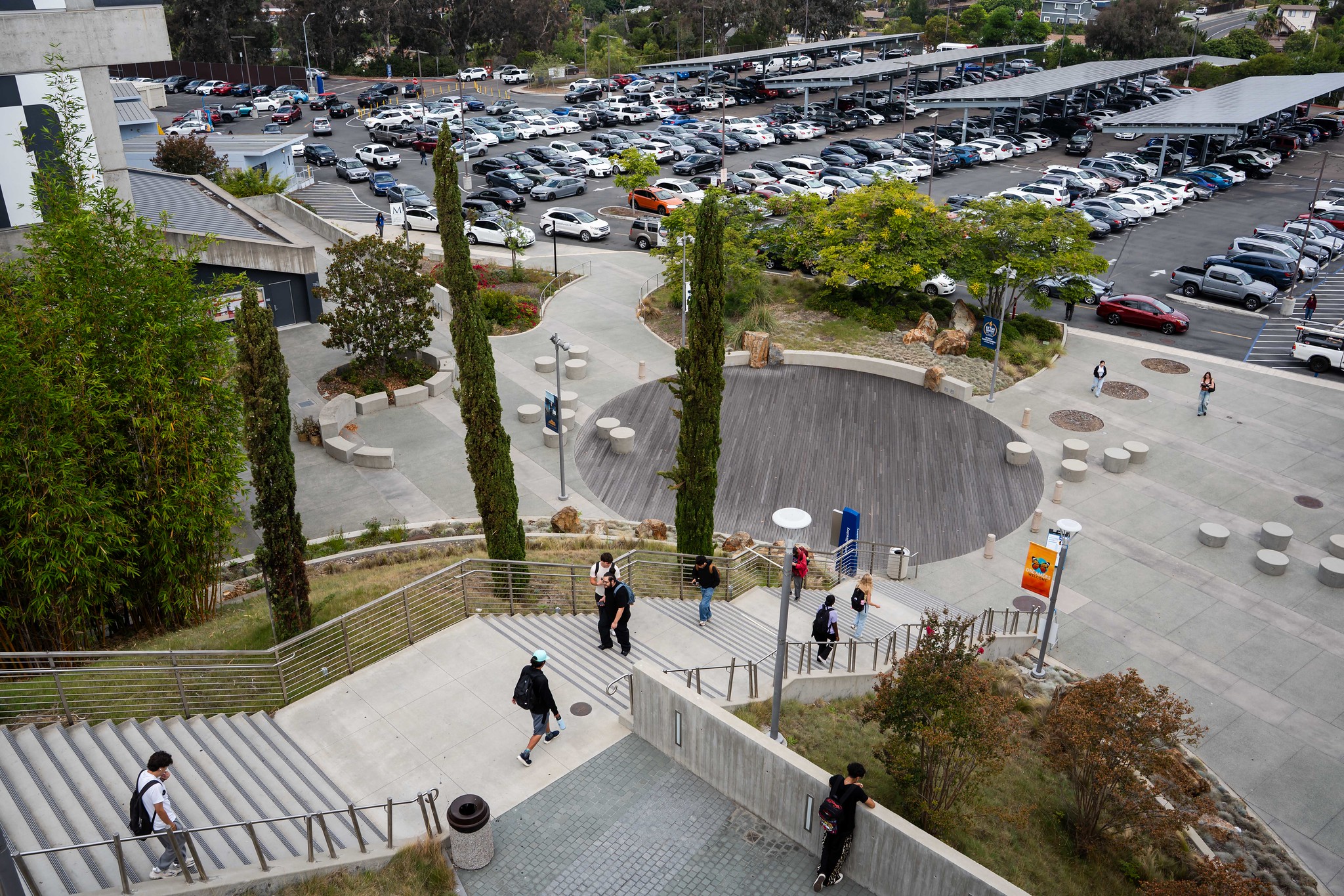 
A birds-eye view of the large stair case on campus. 
