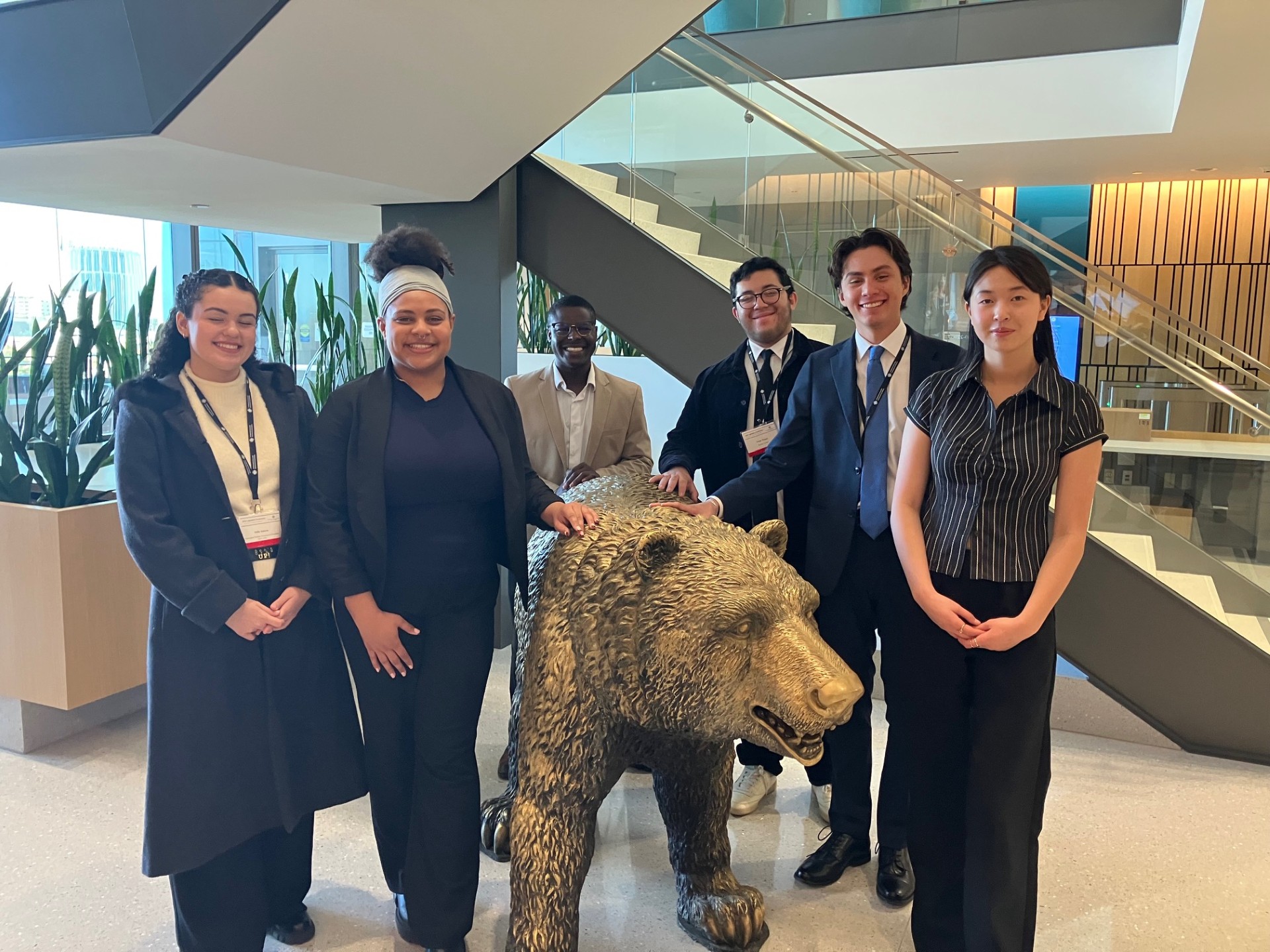 
Student trustees with the bronze California bear at the Capitol building in Sacramento.
