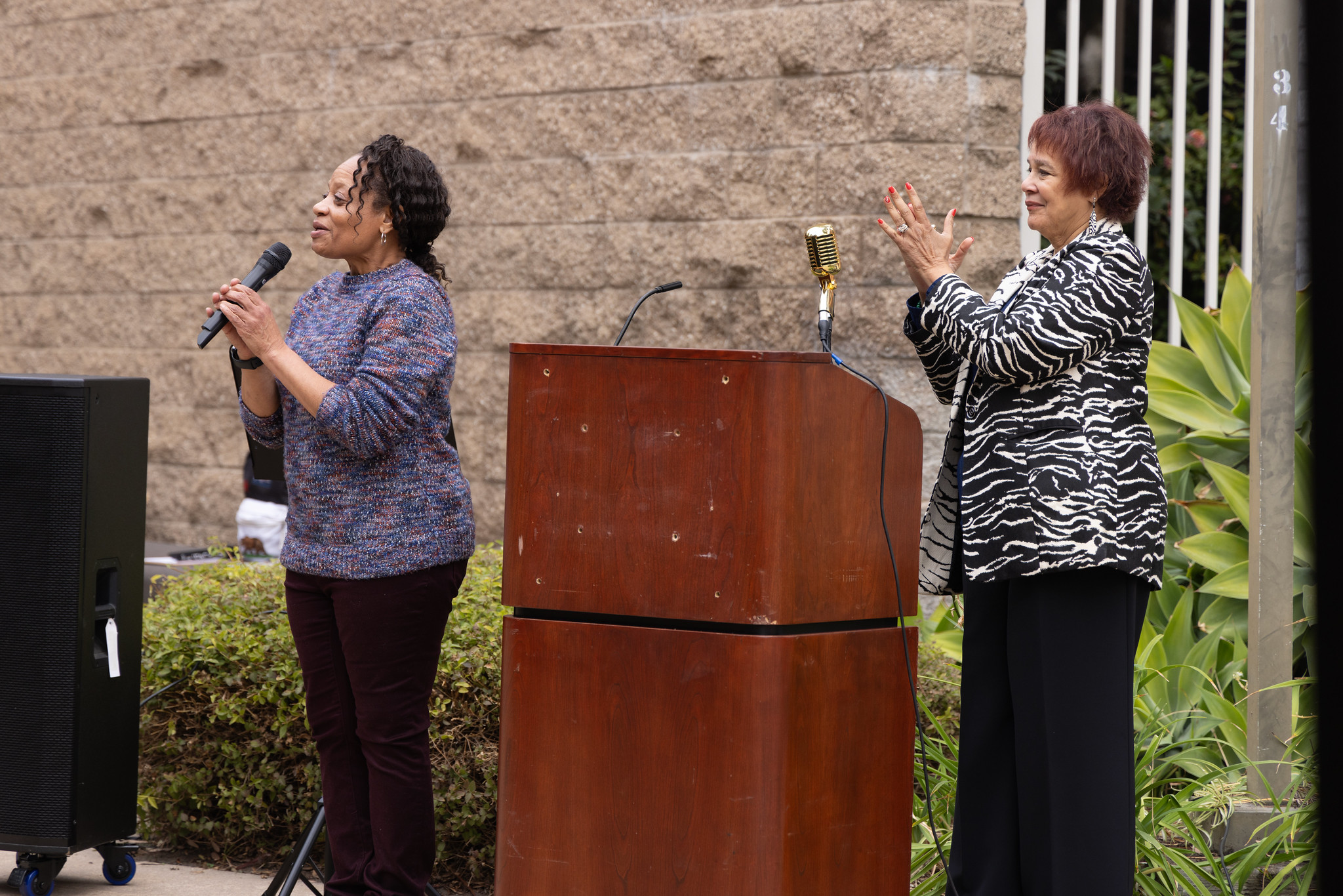 
Two ladies speak at a podium during a Black History Month event at the Educational Cultural Complex.
