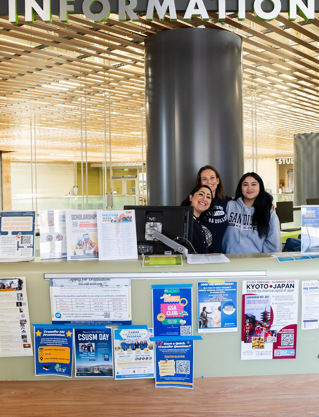 
Three ladies working at the information counter at Mesa College.
