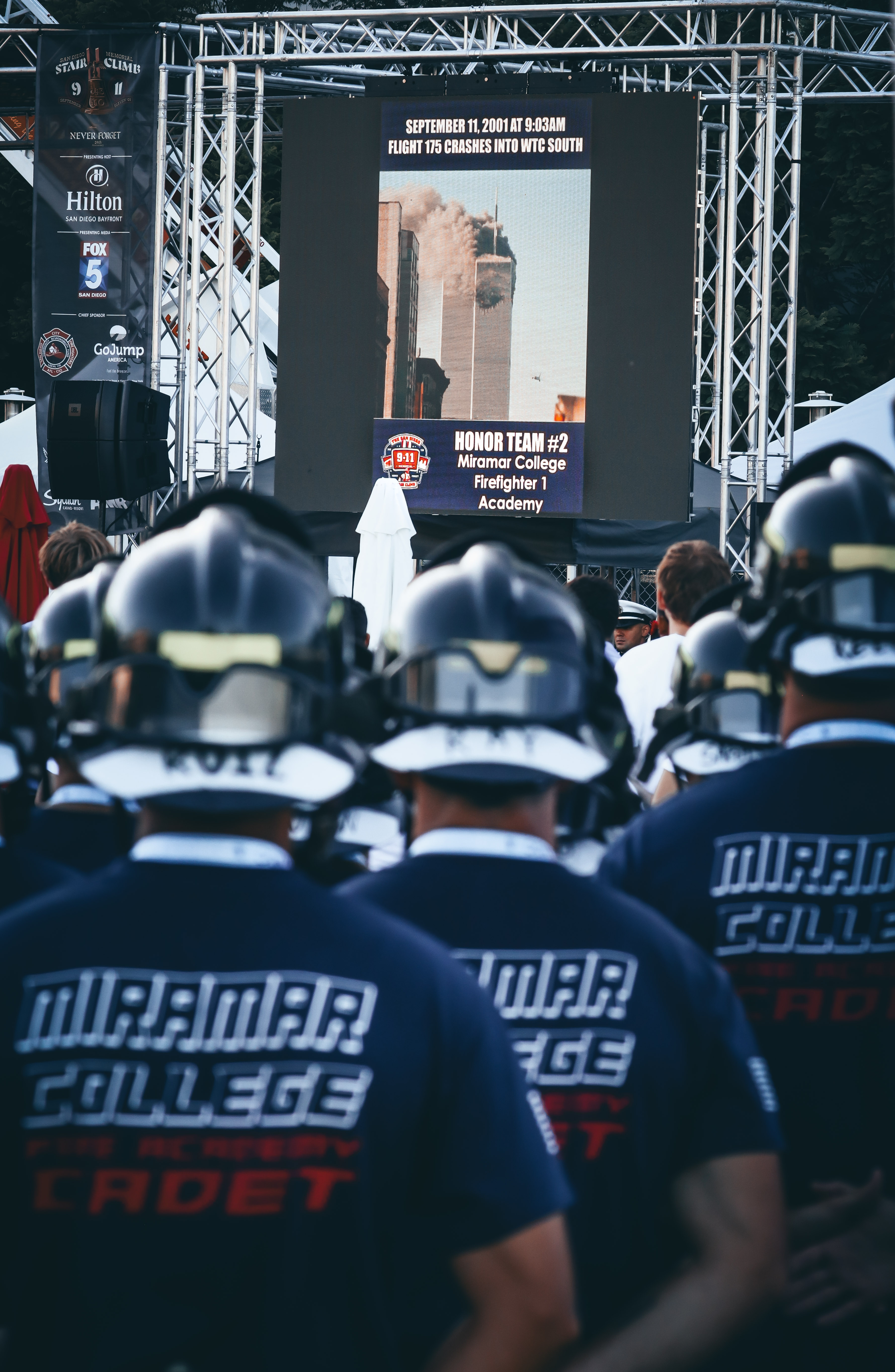 
Participants watch a presentation documenting the 9/11 attacks, including the twin towers.&nbsp;&nbsp;
