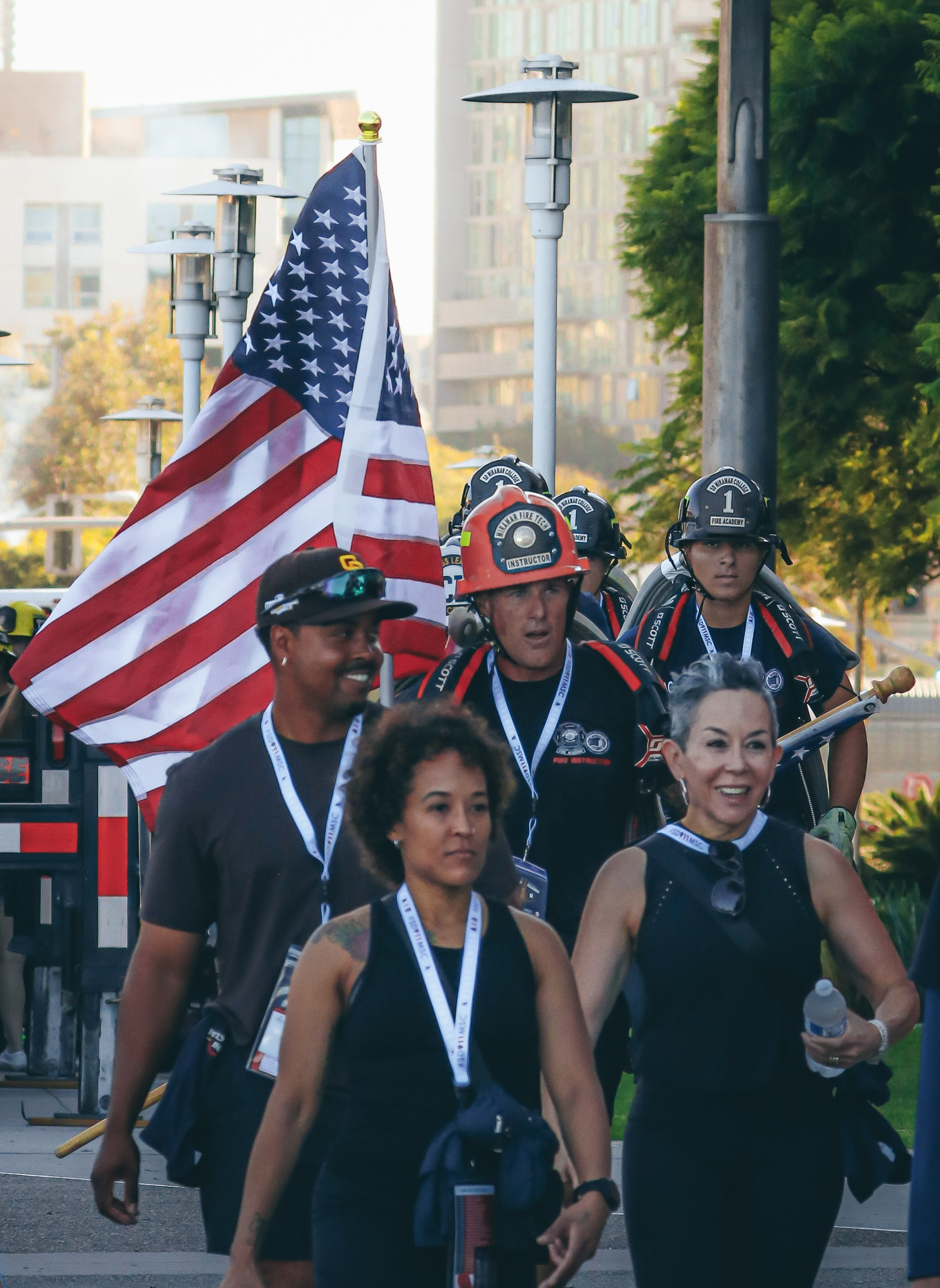 
Participants in the Stair Climb carry an American flag.&nbsp;
