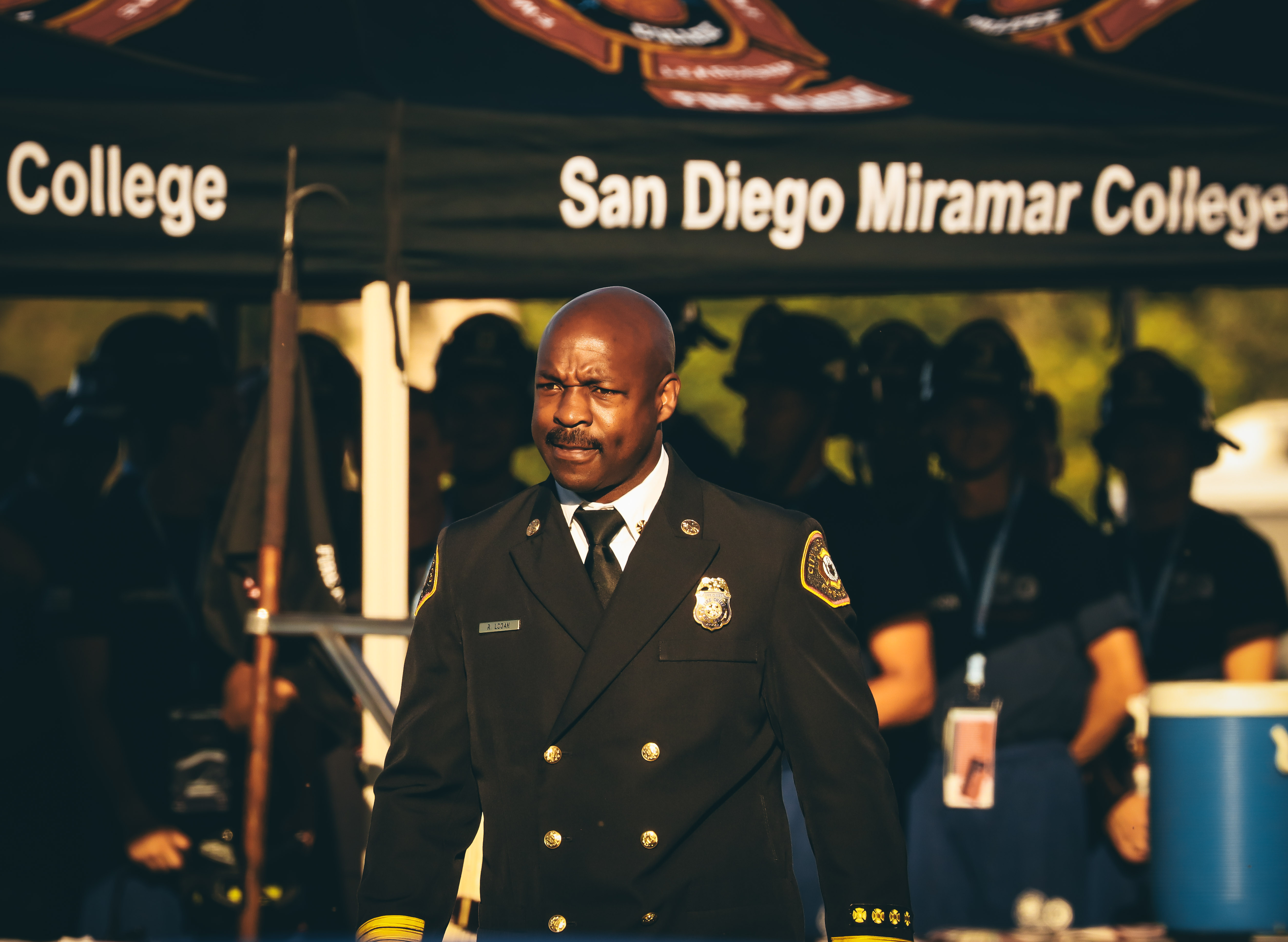 
A fire official in a black uniform at the Stair Climb.
