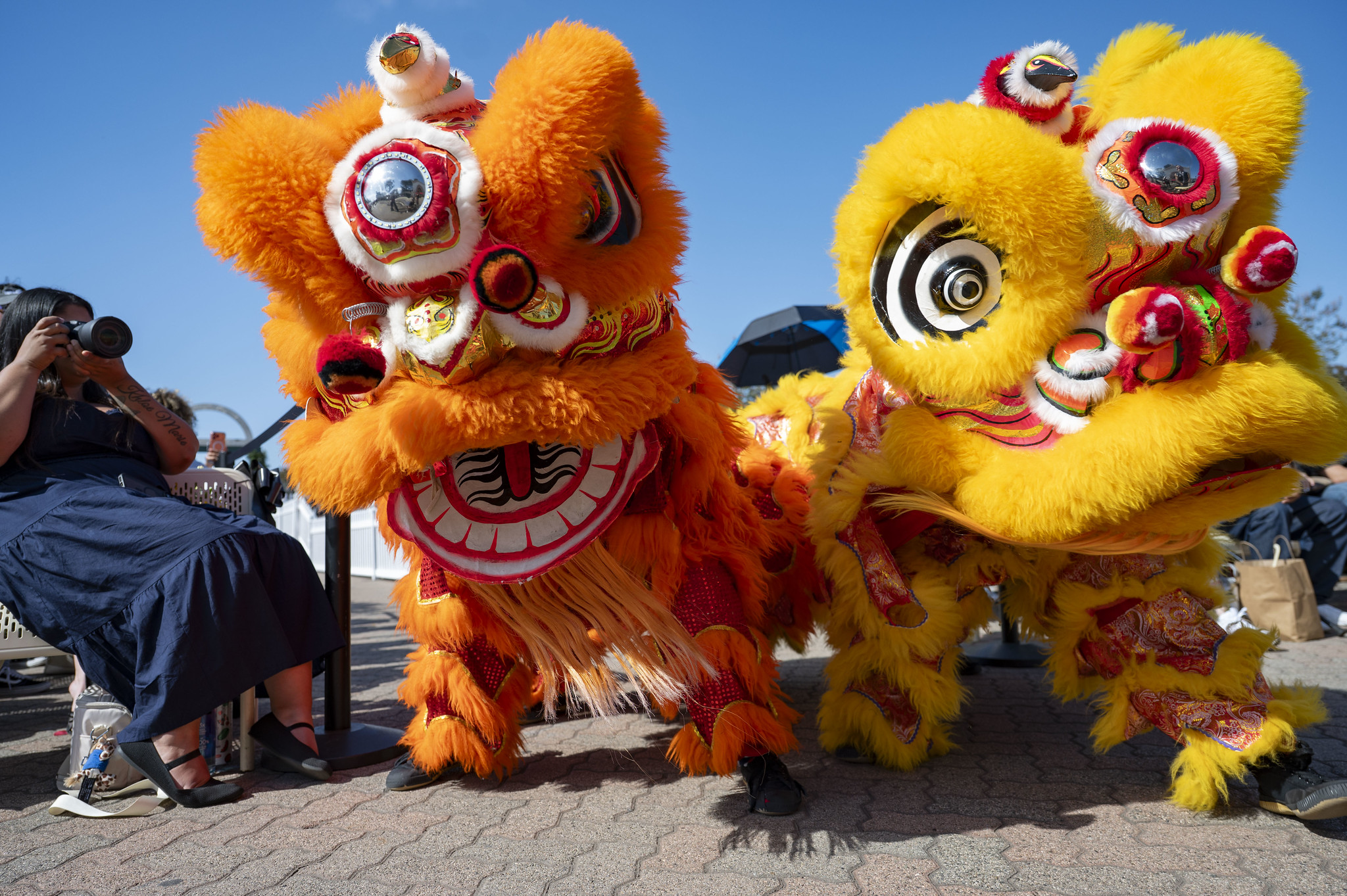 Yellow and orange Chinese dragons dance.