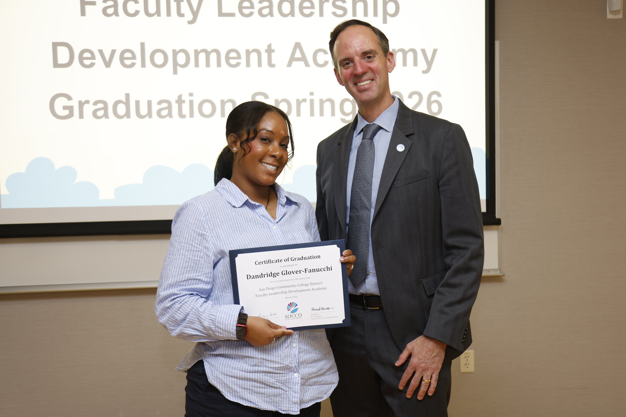 Dandridge Glover-Fanucchi with Chancellor Gregory Smith at the academy certificate presentation.
