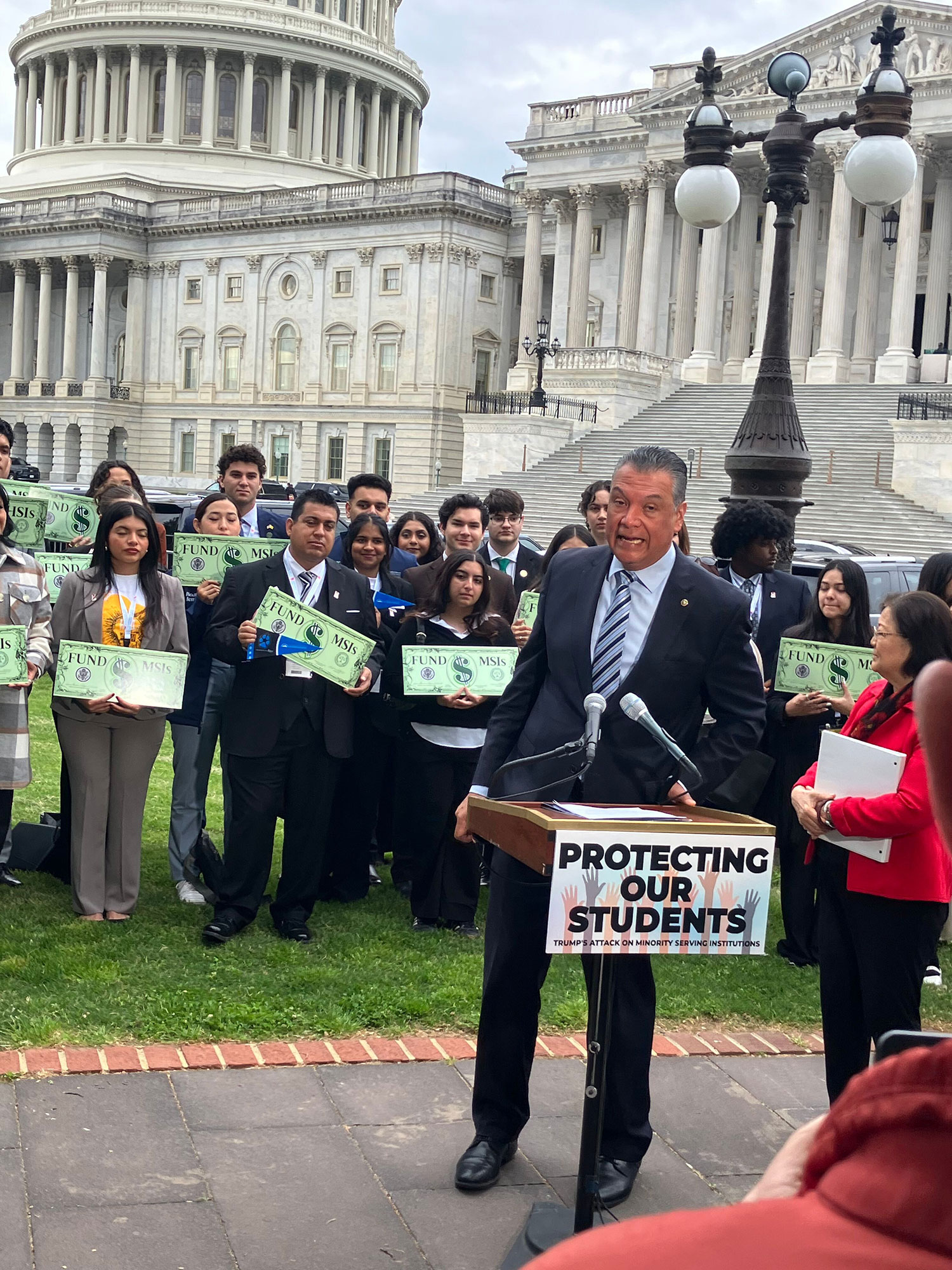 U.S. Senator Alex Padilla speaks outside of the U.S. Capitol Building.