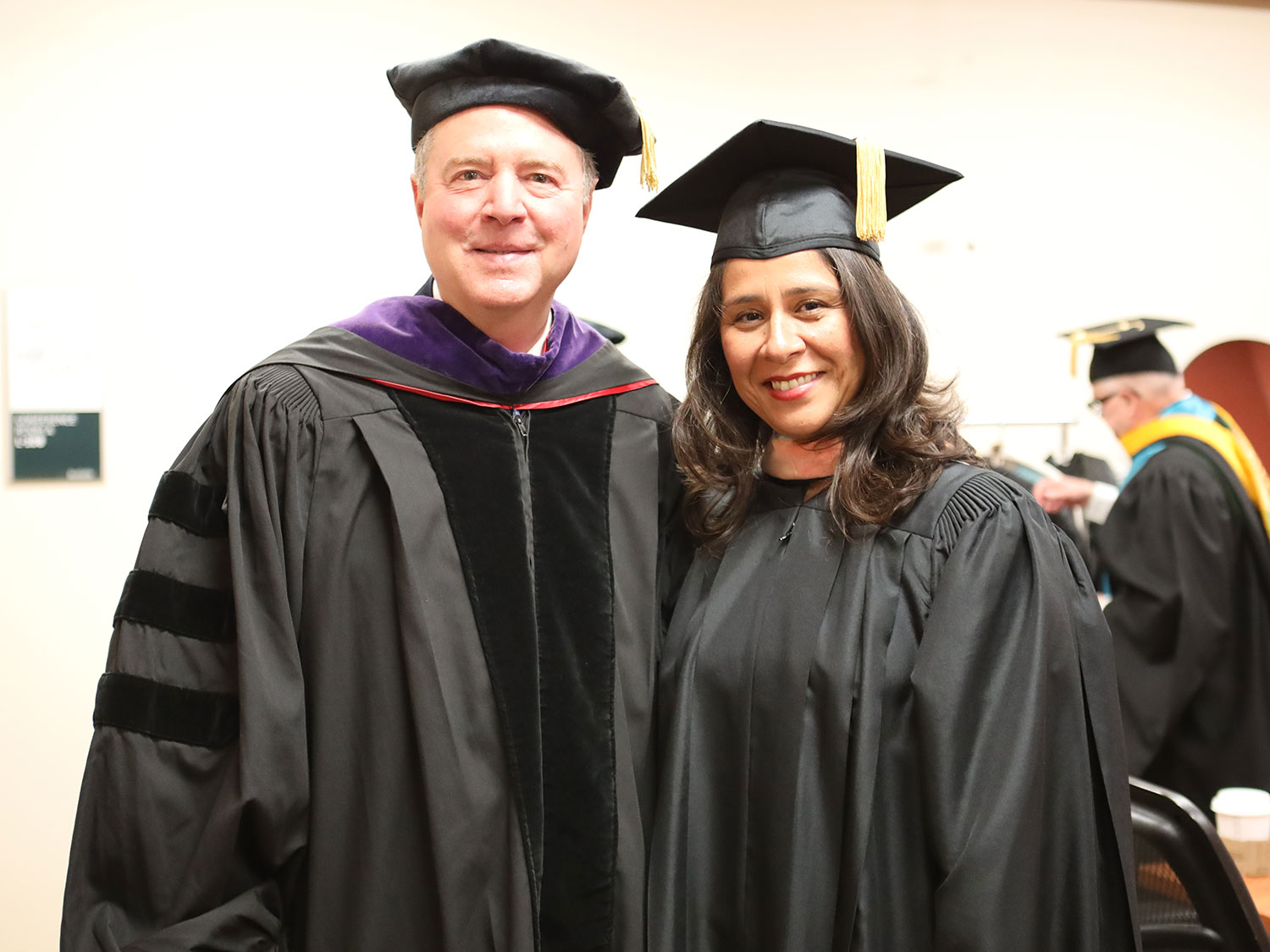 U.S. Senator Adam Schiff with Board of Trustees President Geysil Arroyo.