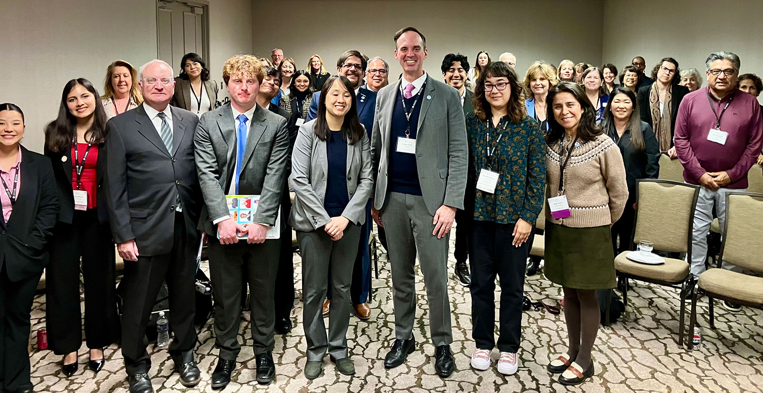 
Chancellor Greg Smith, trustee Geysil Arroyo with student leaders and other attendees at a presentation.&nbsp;
